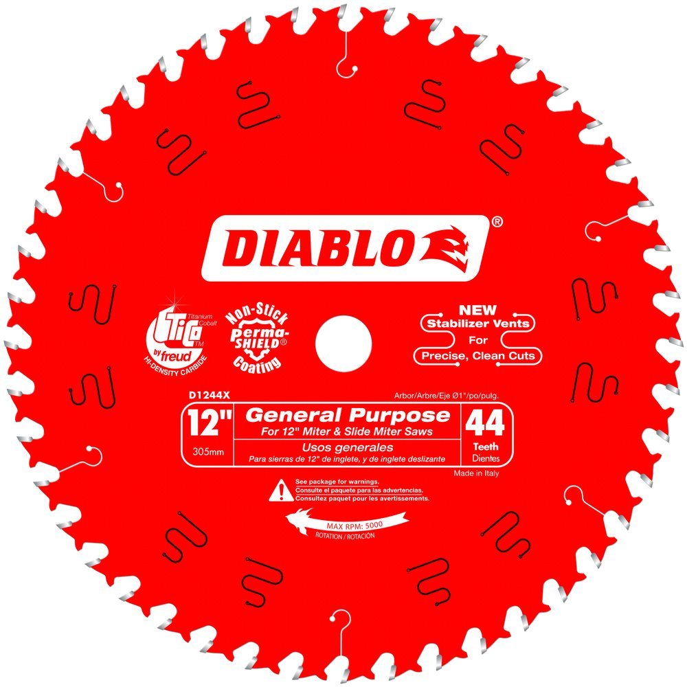Diablo General Purpose Saw Blade for Wood - 12" Diameter, 44 ATB Teeth, 1" Arbor, .098" Kerf, 15? Hook Angle, .071mm Plate, 5000 Max RPM - D1244X