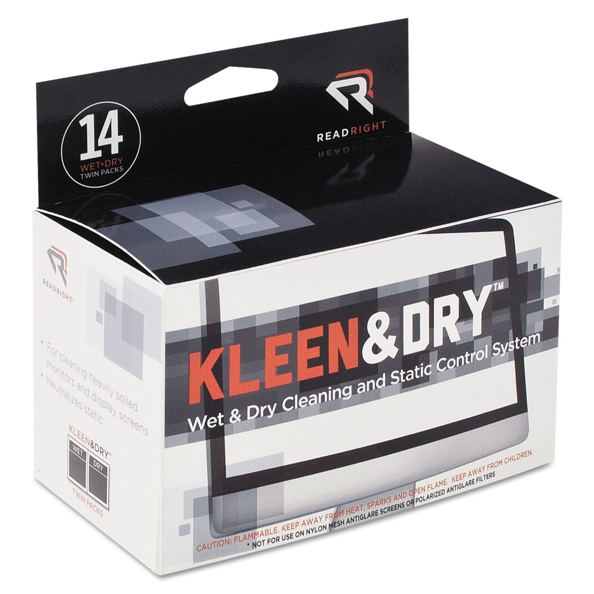 Read Right Kleen & Dry Screen Cleaner Wet Wipes, Cloth, 5 x 5, 14/Box