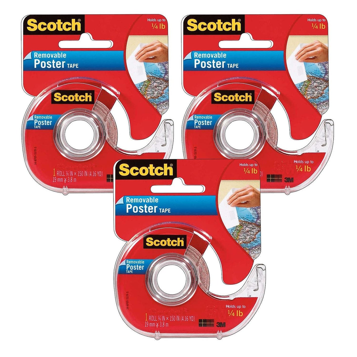 3M Scotch Removable Poster Tape MMM109-3, 3/4" x 4.16yd, 3 Pack