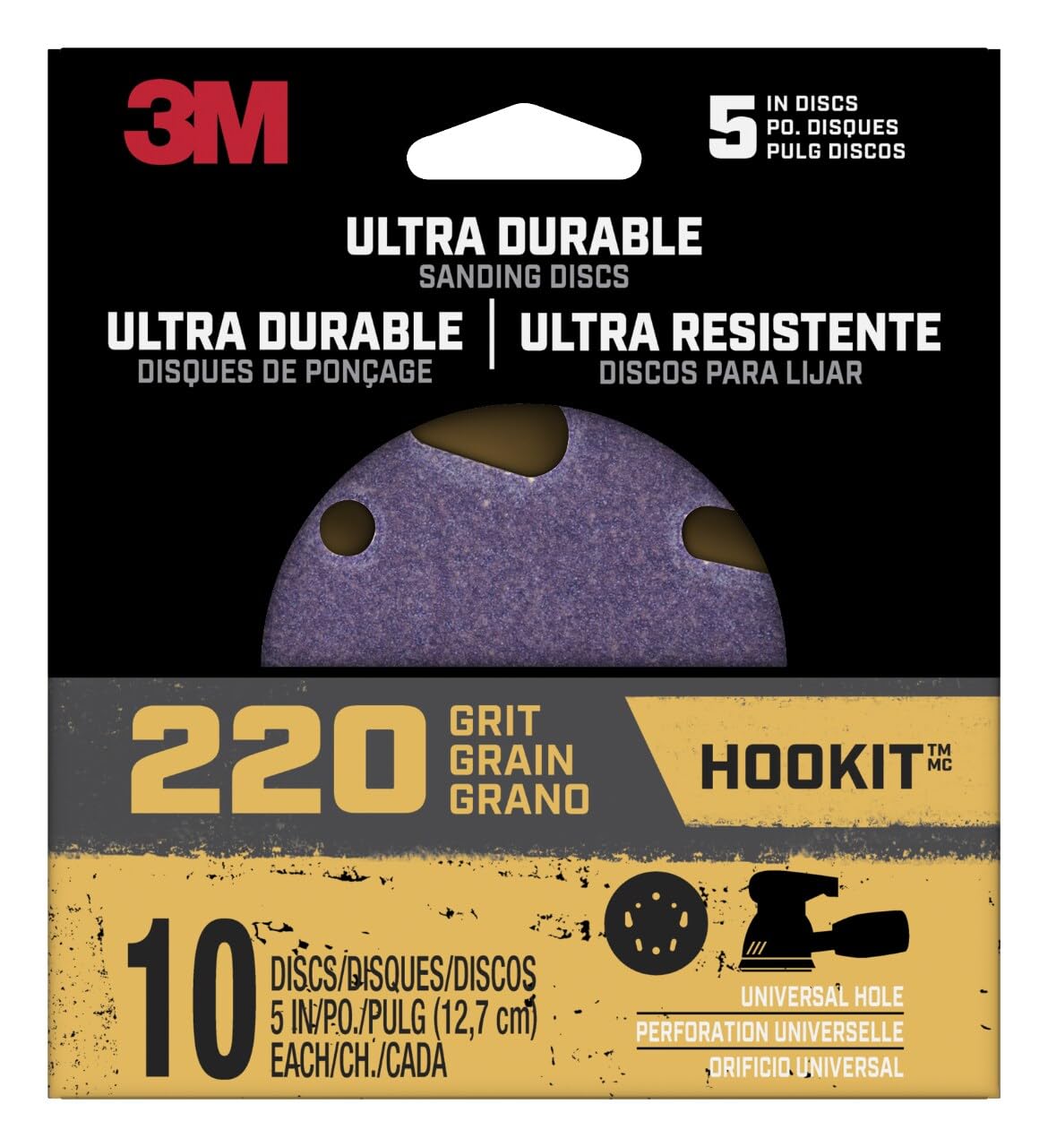 3M Ultra Durable 5 inch Power Sanding Discs, Universal Hole, 220 Grit, 10/Pack
