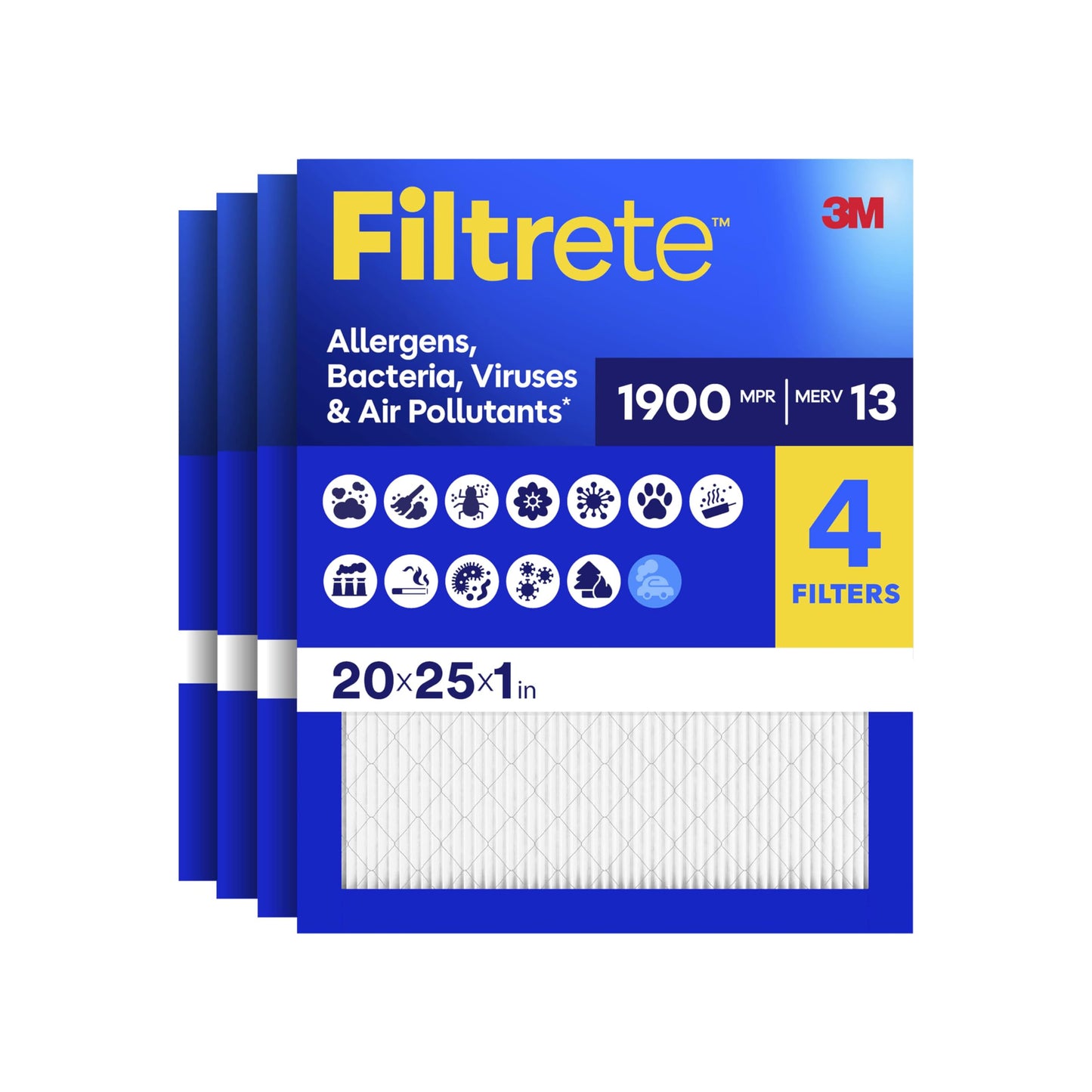 Filtrete 20x25x1 Air Filter, MERV 13 MPR 1900, Allergens, Bacteria, Viruses & Air Pollutants, 3-Month AC/Furnace Filters, Cleaner Air Reliable Airflow, 4 HVAC Filters(Act Size 19.62x24.62x0.78 in)
