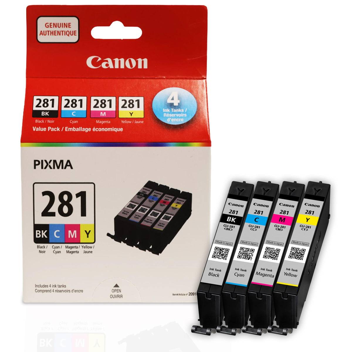 Canon CLI-281 Black, Cyan, Magenta and Yellow 4 Ink Pack, Compatible to TR8520, TR8620 Series, TS9120, and TS6210 Printers