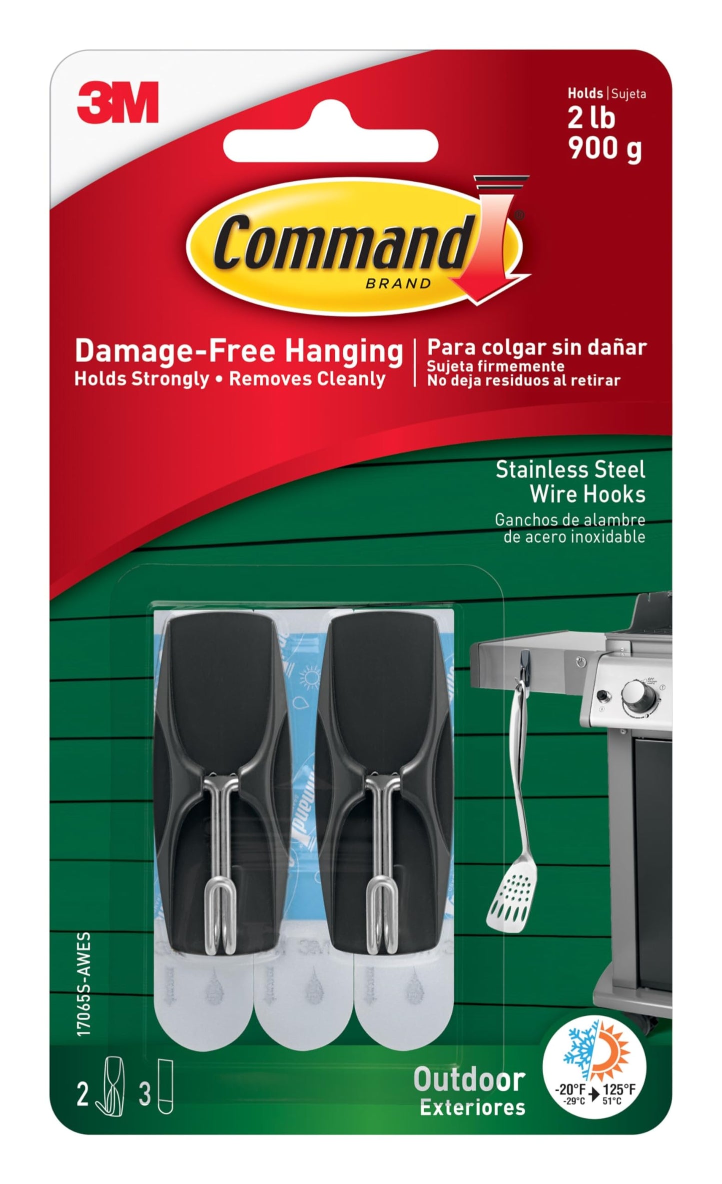 Command Outdoor Medium Black Wire Toggle Hooks, 2 Hooks and 3 Command Strips, Damage-Free Hanging Wall Hooks for Hanging Christmas Decorations with Weather Resistant Strips, Holds up to 2 lb
