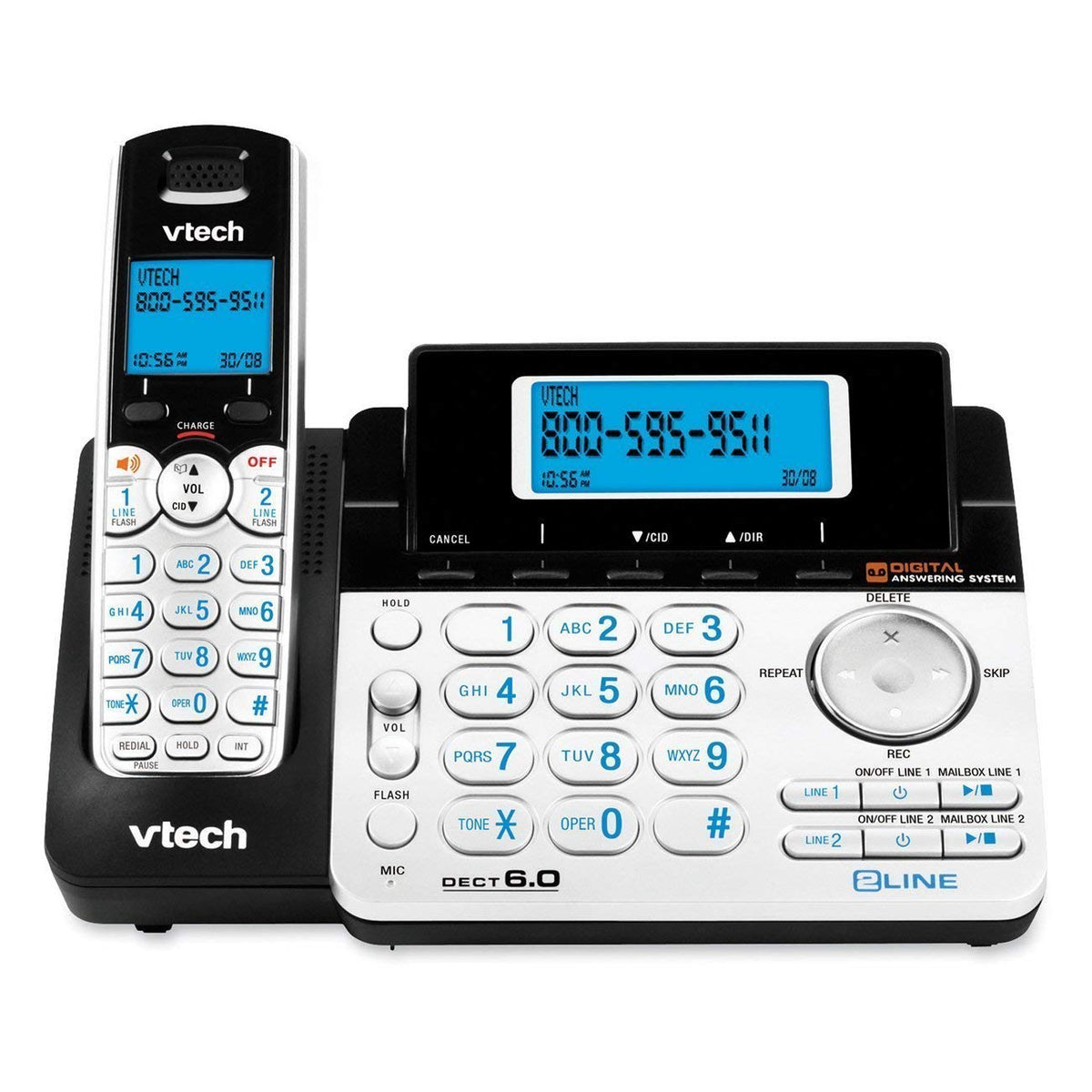 VTech 2-Line Cordless Phone for Small Business or Home with Answering System and Mailbox on Each Line, Caller ID/Call Waiting, Intercom, Hearing Aid Compatible | DS6151 (Black/Silver)