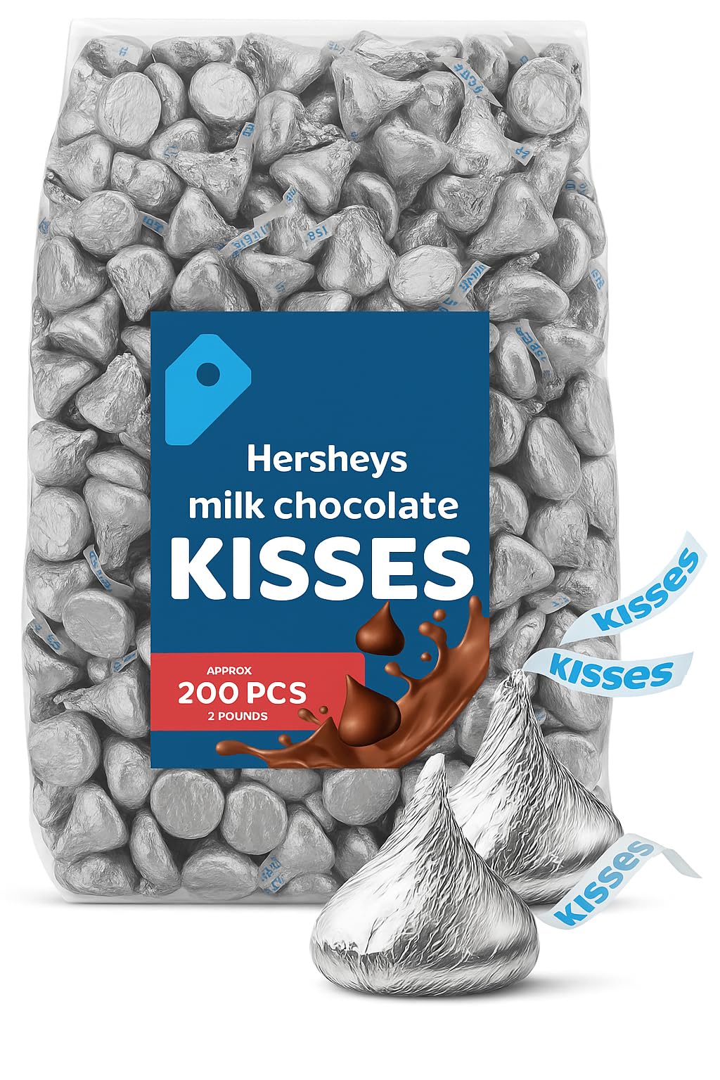Kisses Milk Chocolate, Classic Silver Wraps, 2 Pound Bag (Approx. 200 Pieces) - Perfect for Gifts, Parties, and Special Occasions