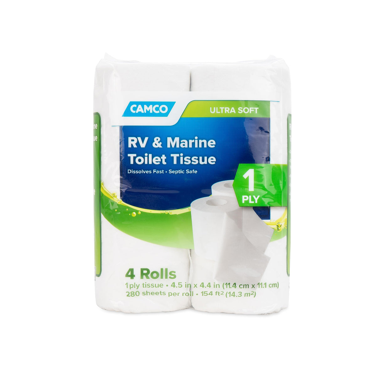 Camco Camper/RV Toilet Paper - Sewer-Safe, Septic-Safe & Biodegradable - Designed for Camper, Trailer & Marine Sanitation Systems - 1-Ply Tissue | 4 Toilet Paper Rolls – 280 Sheets per Roll (40275)