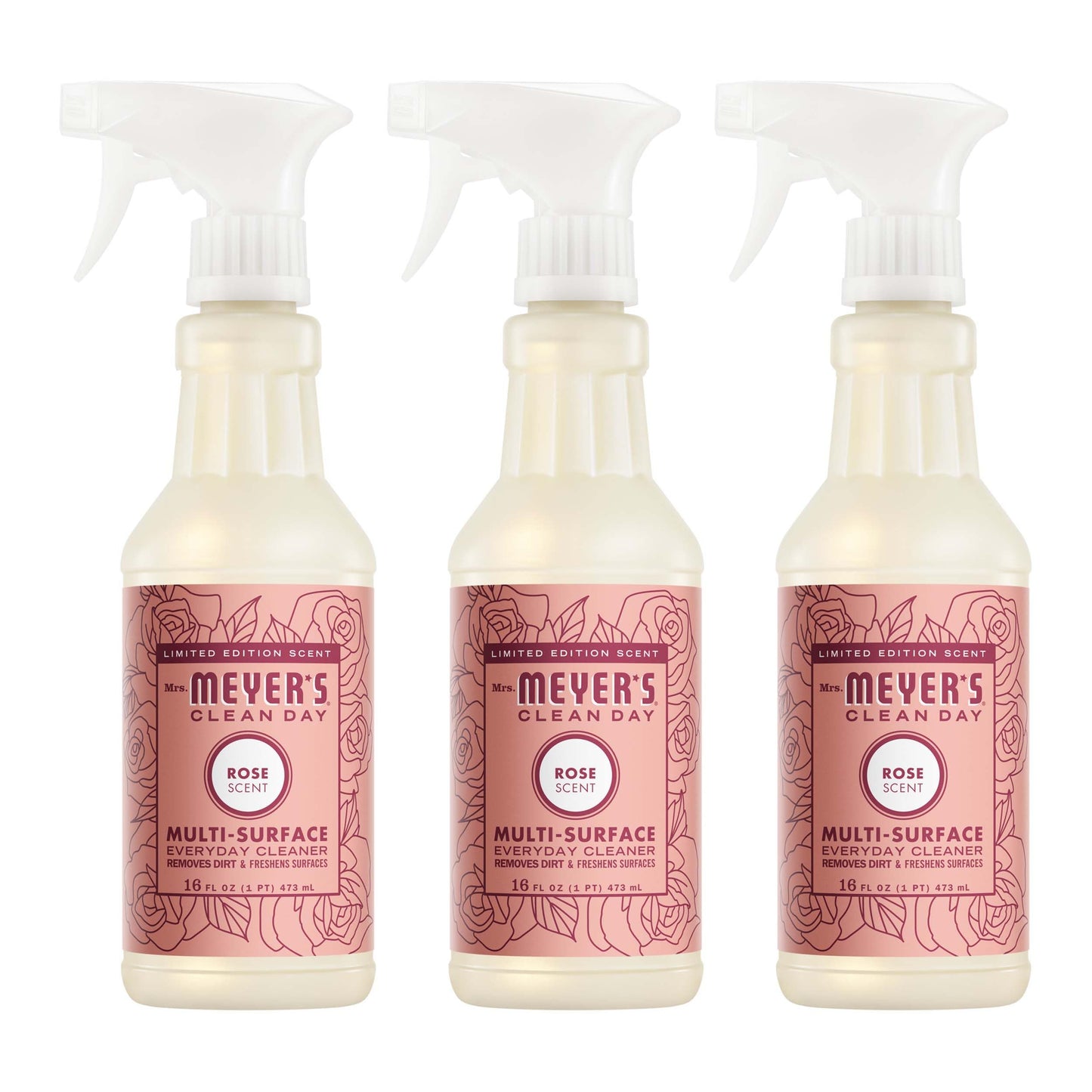 MRS. MEYER'S CLEAN DAY Multi-Surface Everyday Cleaner, Rose Scent, 16 Fl Oz Bottle - 3 Pack