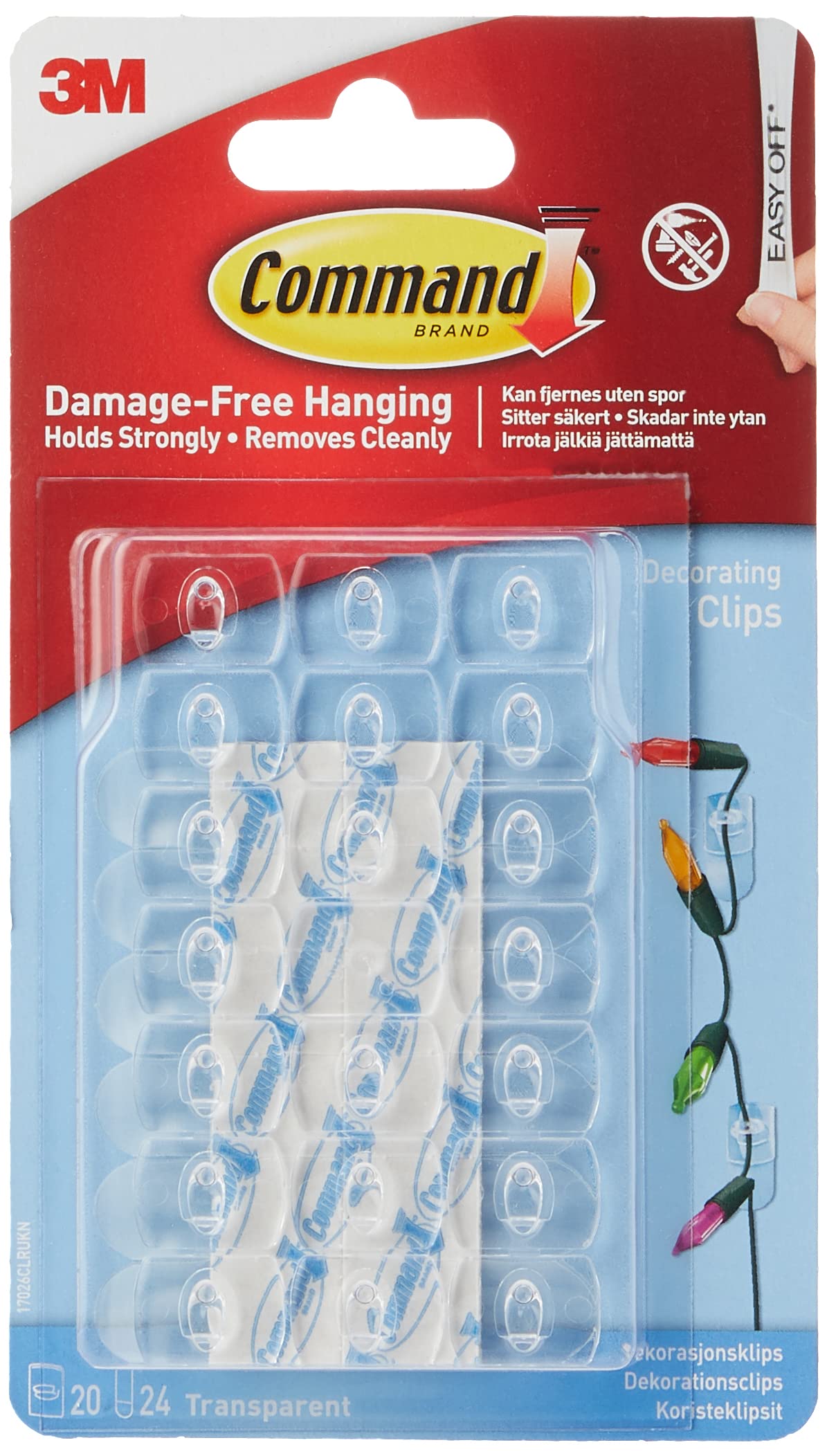 Command Decorative Clips, Pack of 20 mini Hooks and 24 Small Adhesive Strips, Transparent - Hanging Clips for Decoration and Fairy Lights, Wall Adhesive - Damage-Free Hanging, Small