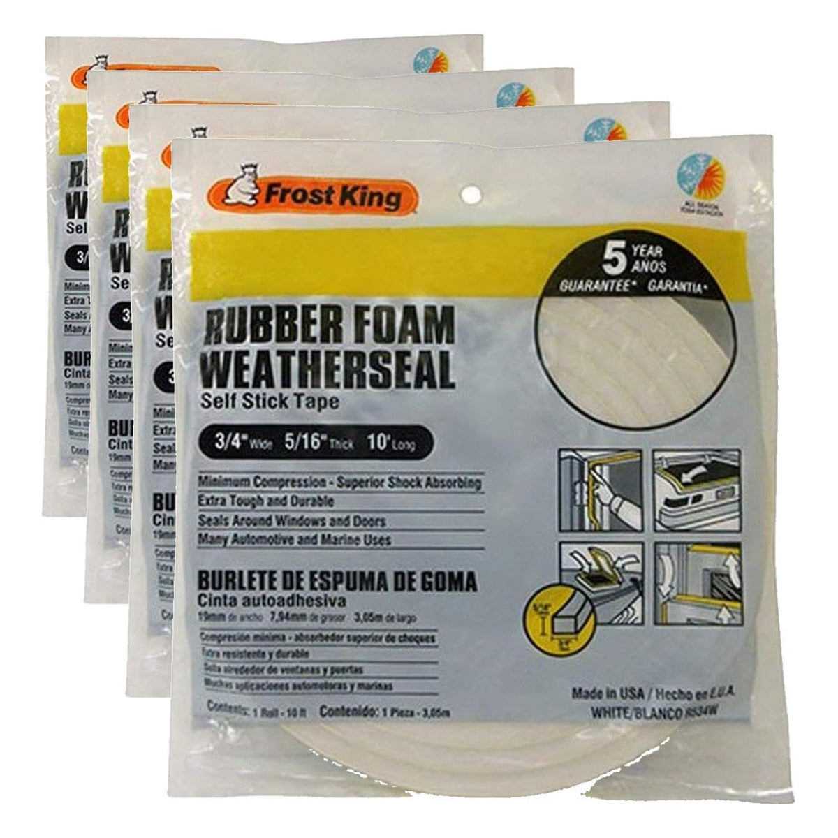 Frost King R534WH Sponge Rubber Foam Tape 5/16-Inch White 4-Pack