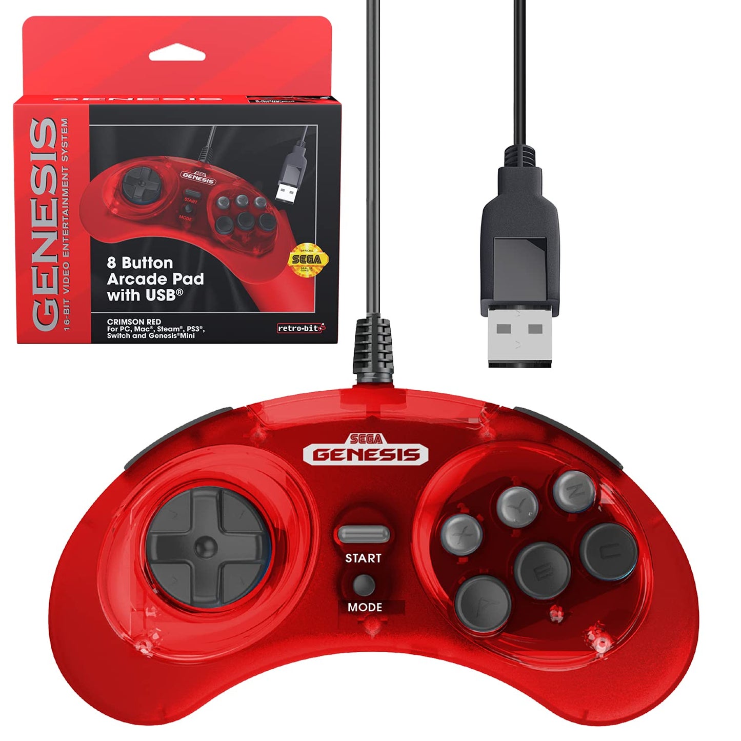 Retro-Bit Genesis 8-Button USB Controller Crimson Red