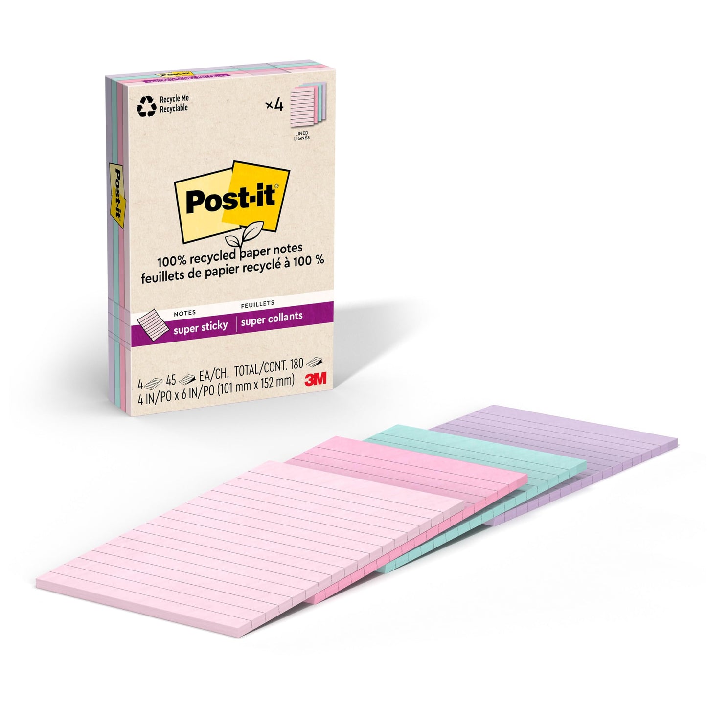 Post-it Greener Notes, 4x6 in, 5 Pads, America's #1 Favorite Sticky Notes, Sweet Sprinkles, Pastel Colors (Pink, Blue, Mint, Yellow), Clean Removal, 100% Recycled Material (5428-AP)