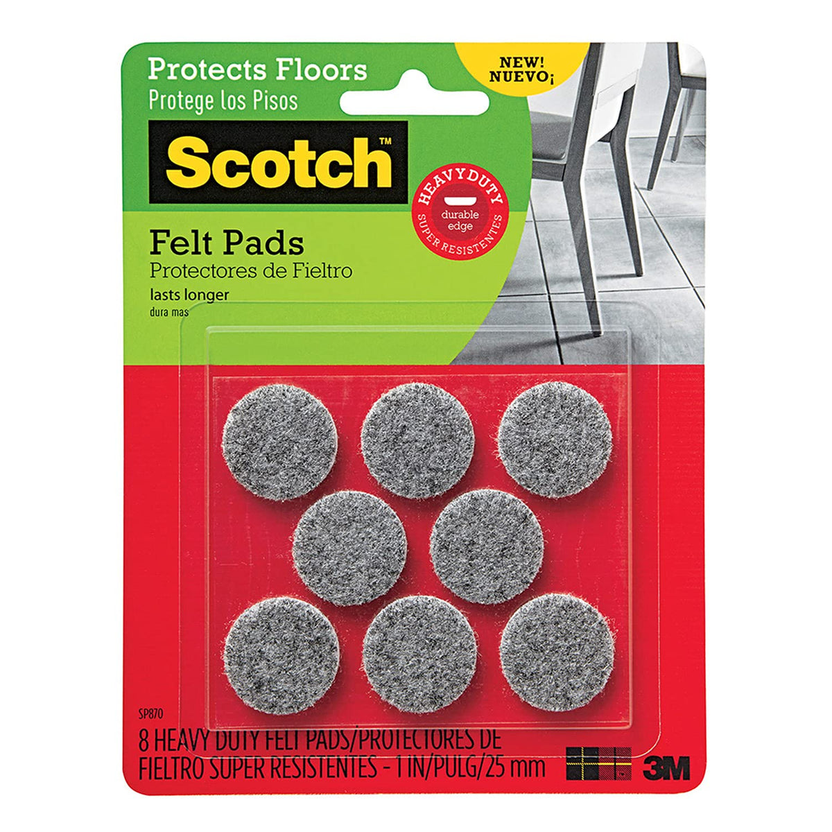 Scotch Heavy Duty Felt Pads, Round, Gray, 1-in Diameter, 8 Pads/Pack (SP870-NA)