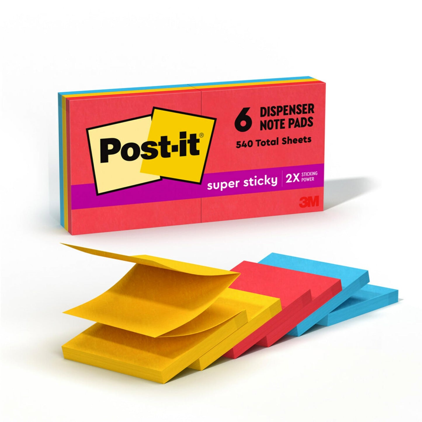 Post-it Super Sticky Pop-up Notes, 3 in x 3 in, 6 Pads, 2X The Sticking Power, Playful Primaries Collection, Bright Colors (Orange, Pink, Blue, Green),Recyclable (R330-6SSAN)