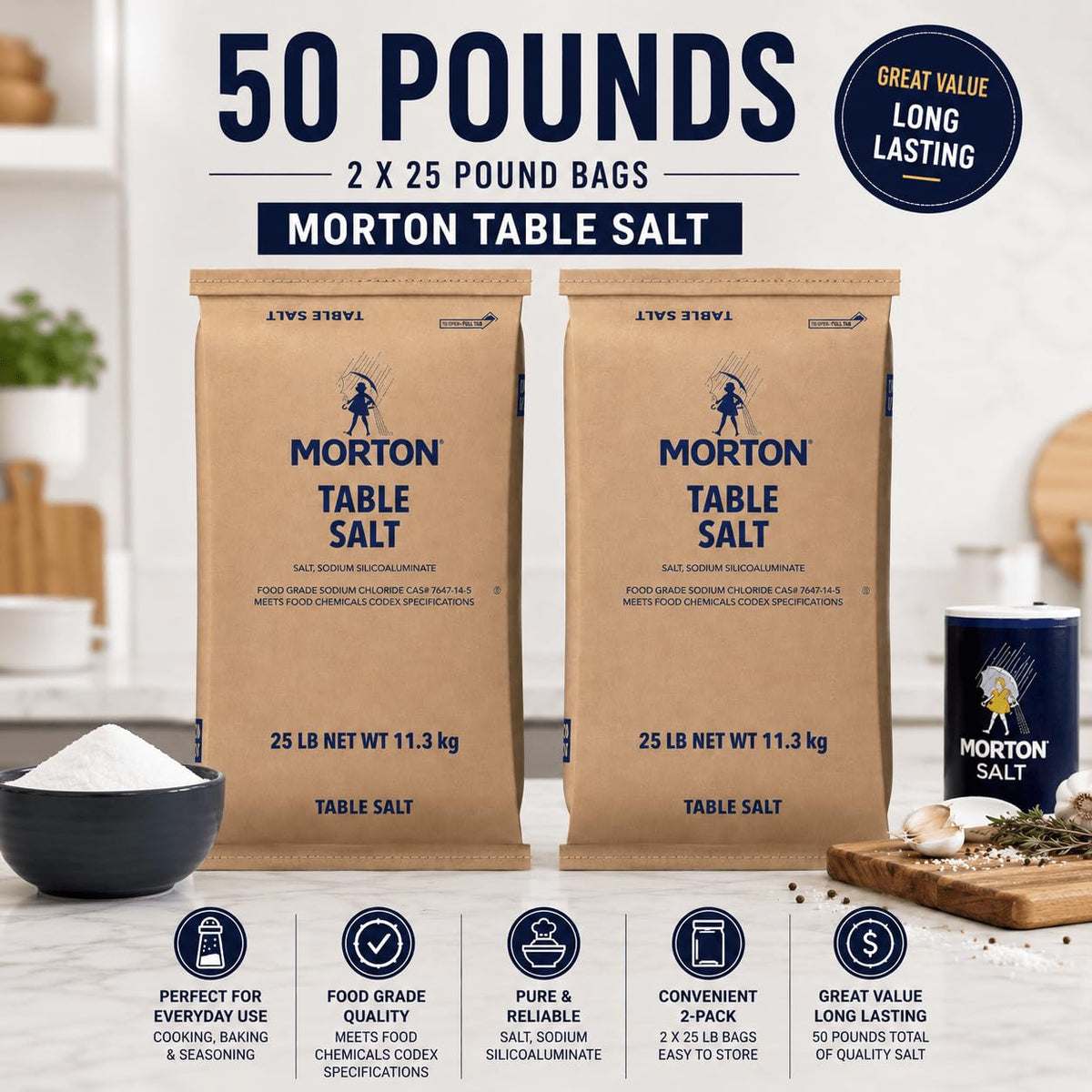 Morton Iodized Table Salt 50 LB (2 x 25 LB Bags)