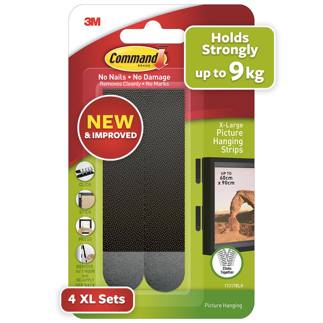 3M Command 20 lb Black Picture Hanging Strips, XL, 4 Pairs