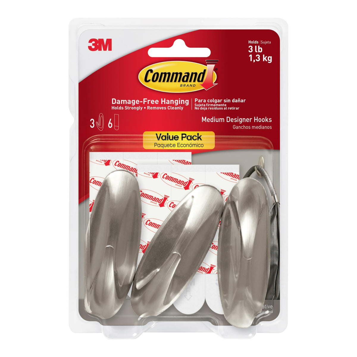 Command Medium Designer Hooks, Brushed Nickel, 3-Hooks, 6-Strips, Decorate Damage-Free