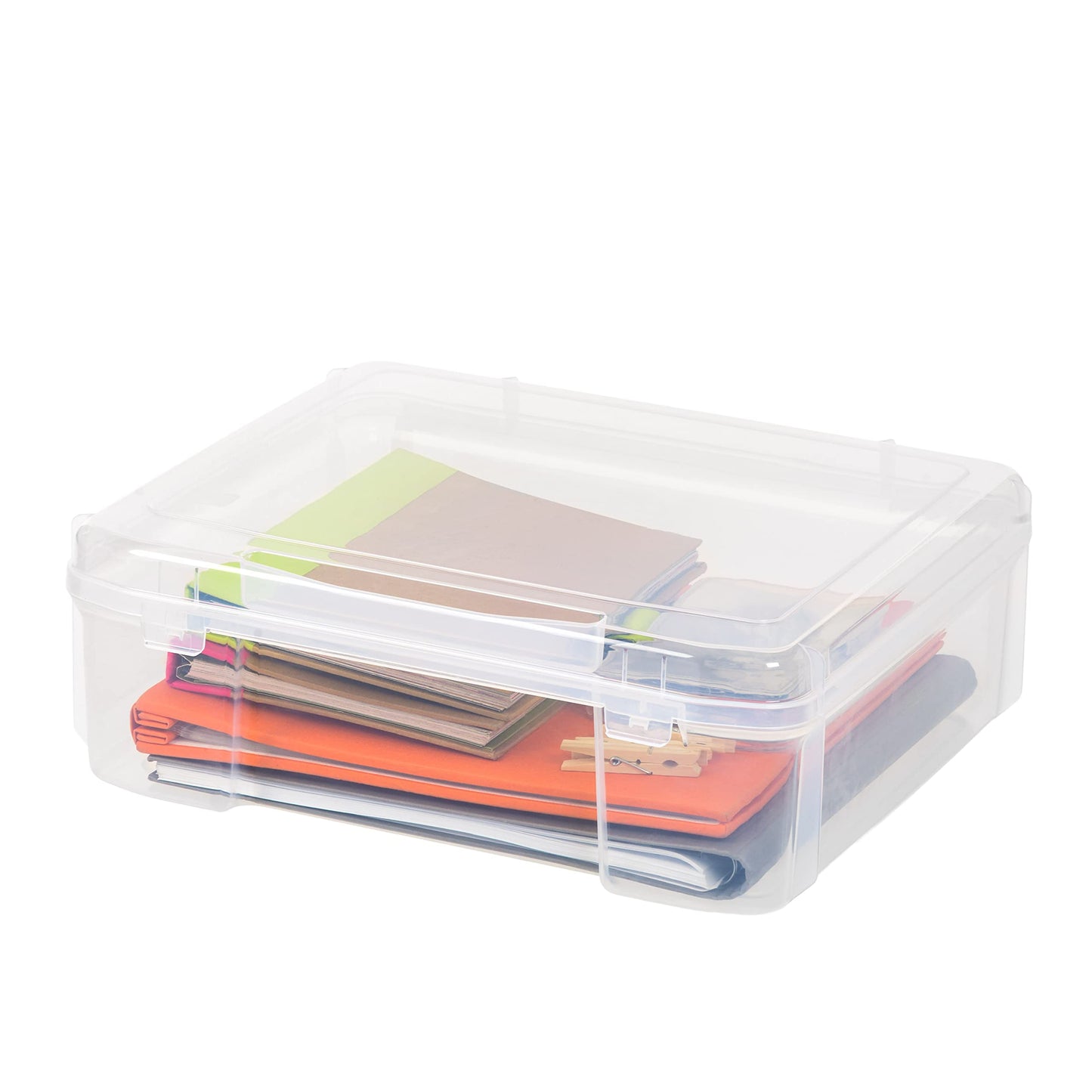 IRIS USA Fits 12" x 12" Paper, Thick Portable Plastic Scrapbook Project Case with Built-in Handle for Art and Craft Supplies, Yarn, File, Paper, Office Documents, Toys, Rounded Corner, Clear