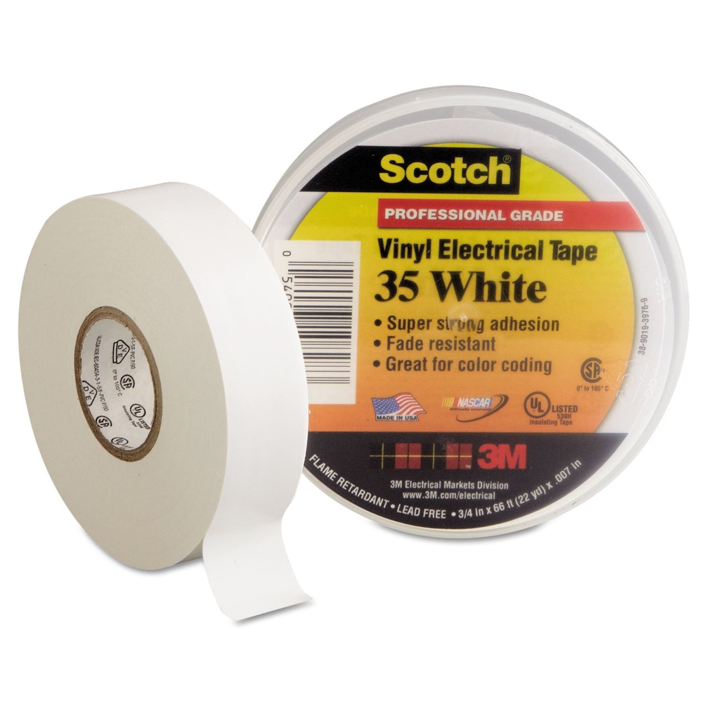 Scotch® Vinyl Color Coding Electrical Tape 35, 3/4 in x 66 ft, White, 10 Rolls/Carton, 100 Rolls/Case