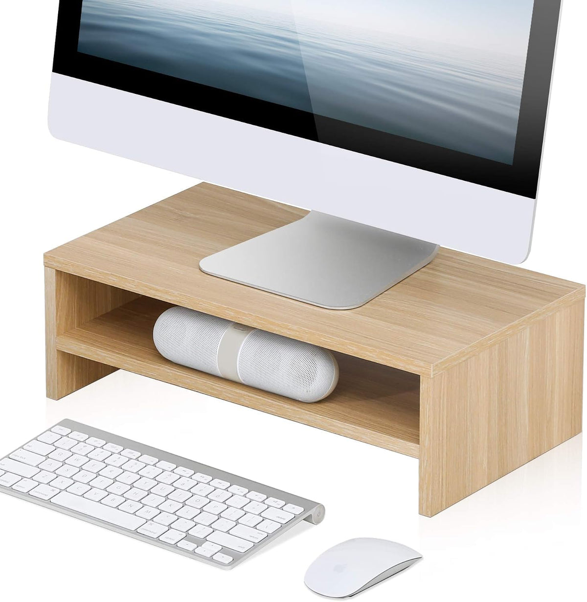 FITUEYES Monitor Stand - 2 Tier Computer Monitor Riser with 16.7 Inch Shelf, Wood Desktop Stand for Laptop Computer Screen, Desk Organization, Office Supplies