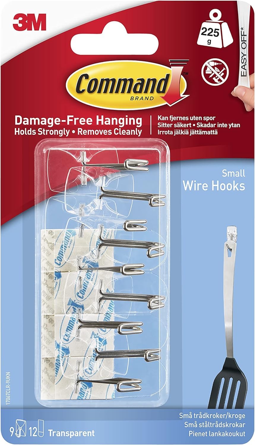 Command 3M 17067Clr9es Clear Hooks & Strips, Plastic/Wire, Small, 9 Hooks W/12 Adhesive Strips/Pack