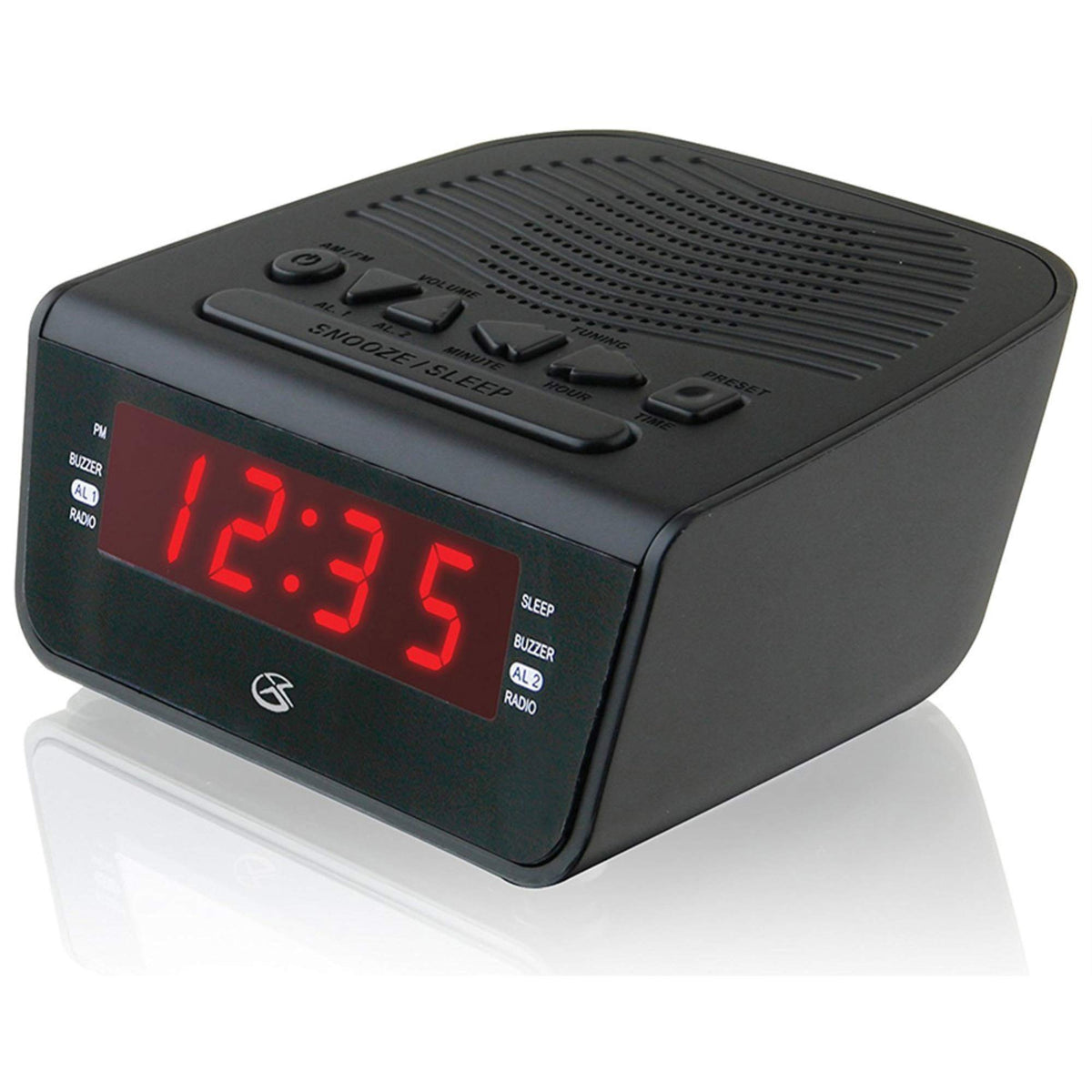GPX Dual Alarm Clock Radio with Battery Backup, Red LED Display, Black