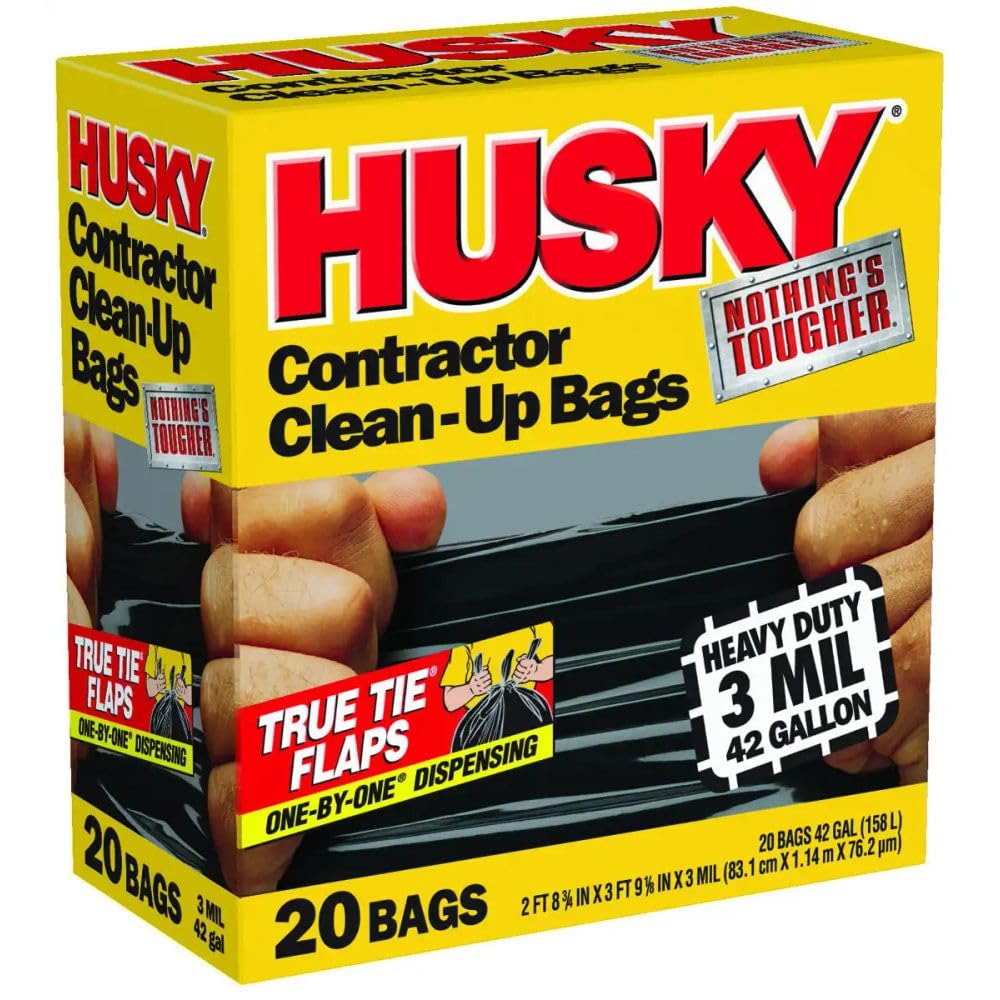 Husky HK42WC020B 42-Gallon Polyethylene Resin Contractor Clean-Up Bags, 20 Count, 2 ft 8.75in L x 3 ft 9.13 in W x 3 mil T, Black