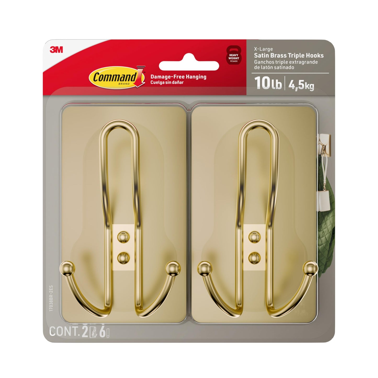 Command X-Large Satin Brass Triple Hook, 2 Hooks, 6 Strips, Damage-Free Hanging with Adhesive Strips, No Tools Wall Hook for Hanging Decorations in Living Spaces