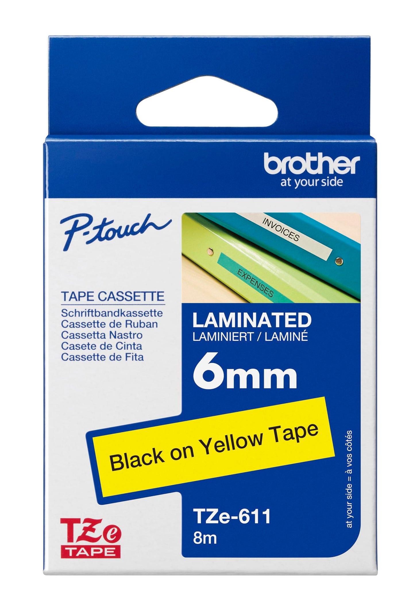Brother TZe-611 Labelling Tape Cassette, Black on Yellow, 6 mm (W) x 8 m (L), Laminated, Brother Genuine Supplies