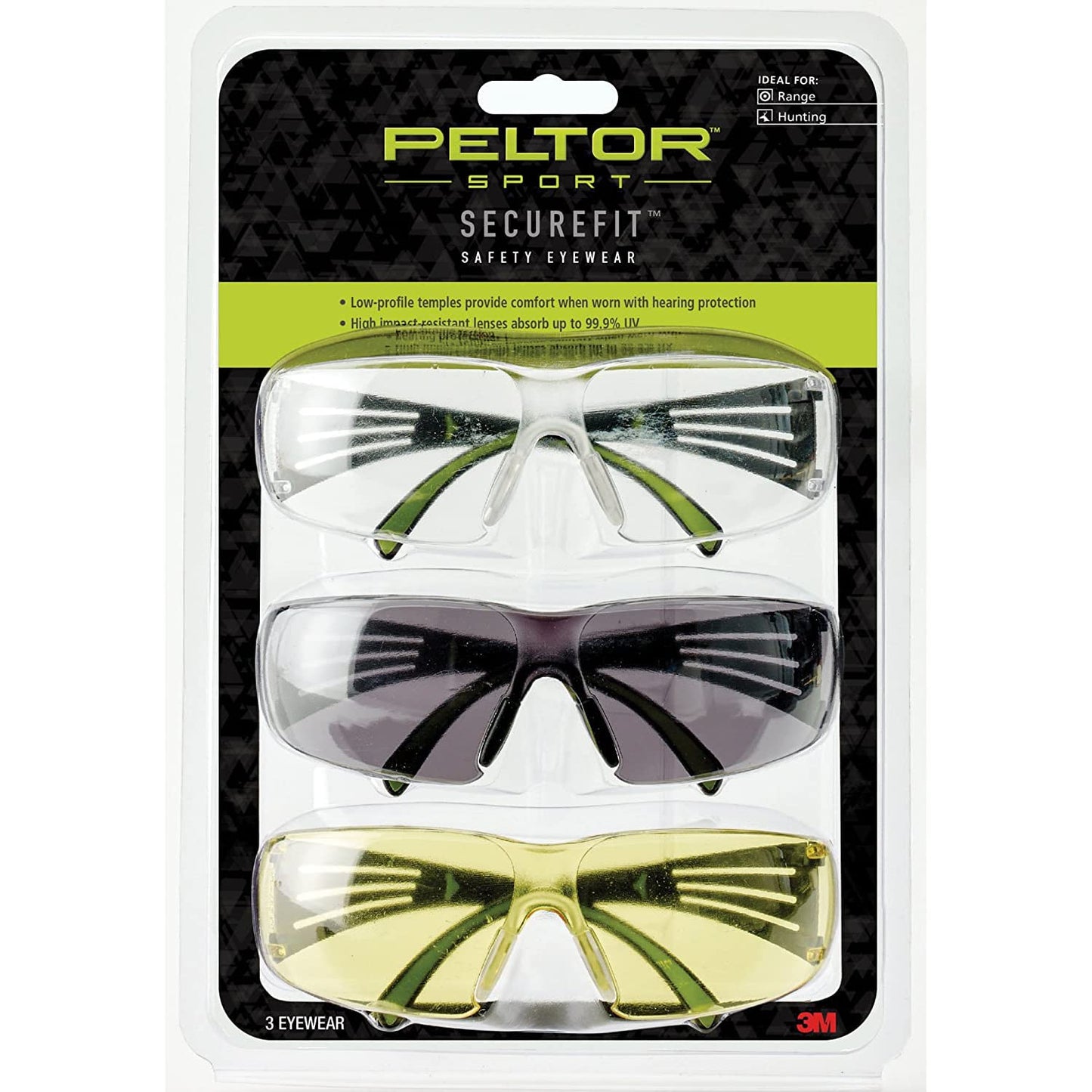 Peltor Sport SecureFit 400 Eye Protection, Multi Shaded 3 Pack (Clear/Amber/Gray), High Impact Resistant, Blocks 99.9% UV, Anti-Fog, Scratch Resistant Lenses, Low Profile Safety Glasses (SF400-P3PK-6)