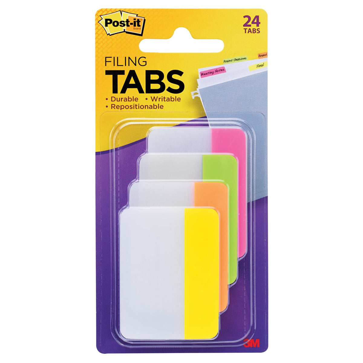 Post-it Tabs, 2 in, Solid, Assorted Bright Colors, 6 Tabs/Color, 4 Colors, 24 Tabs/Pack (686-PLOY)