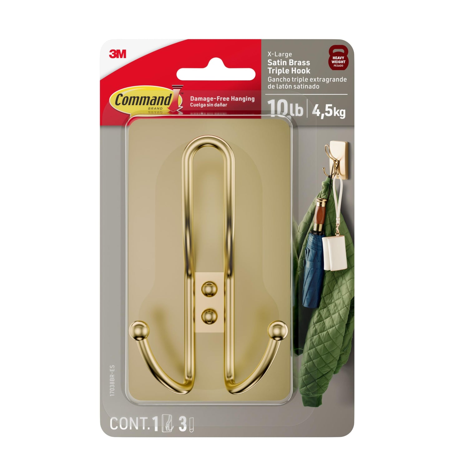 3M Command X-Large Satin Brass Triple Hook, 1 Hook
