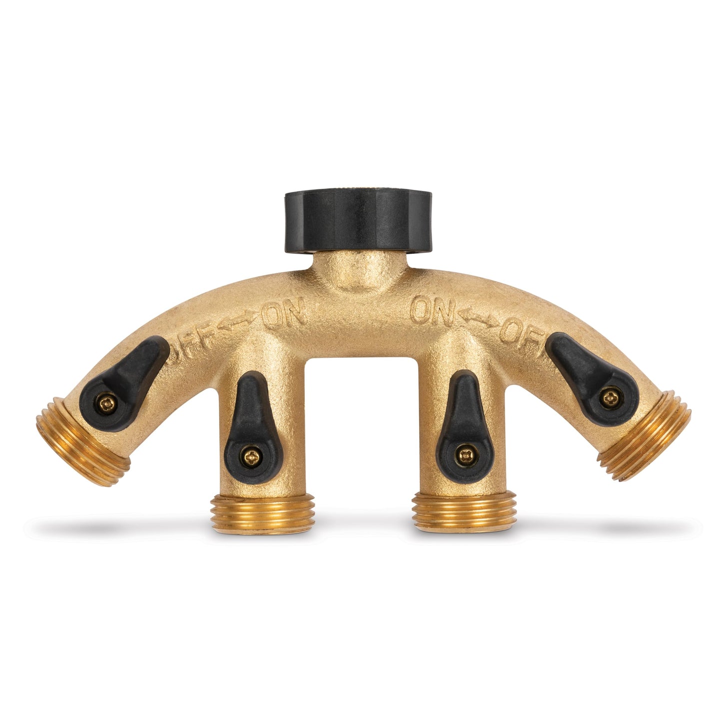 Gilmour Heavy Duty Metal 4 Way Garden Hose Splitter, Quad Water Hose Splitter with Shut Off Valve, Brass Water Manifold