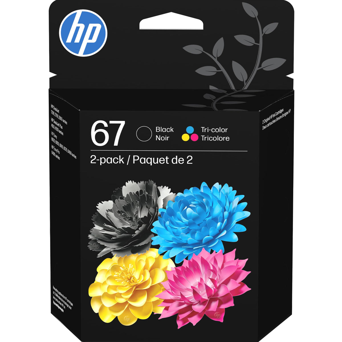 HP 67 Black/Tri-Color Ink Cartridges (2-Pack) | Works with DeskJet 1255, 2700, 4100, Envy 6000, 6400 | Instant Ink Eligible | 3YP29AN | Packaging May Vary