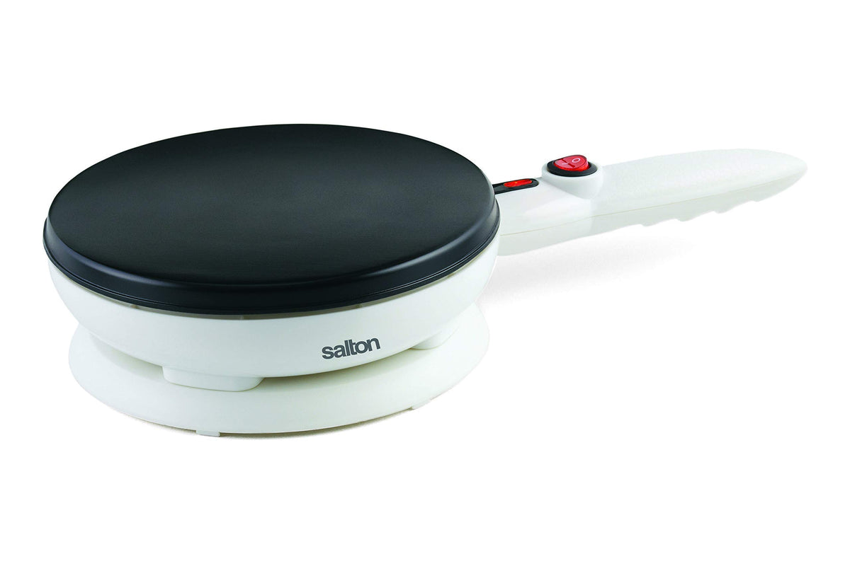 Salton Cordless Electric Crepe Maker With Bonus Batter Dish and Spatula with Non-Stick Cooking Surface, Automatic Temperature Control for 7.5" Crepes and Tortillas, Recipes Included, White (CM1337)