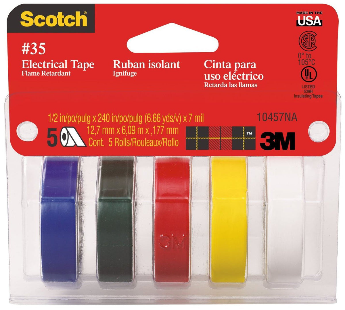 Scotch Vinyl 35 Electrical Tape, 5 Rolls, Multi-Color Pack, Ideal for Cable Jacket Repair & Electrical Insulation, Premium Vinyl Material for Durability, Indoor & Outdoor Use, High Adhesion (10457DC)