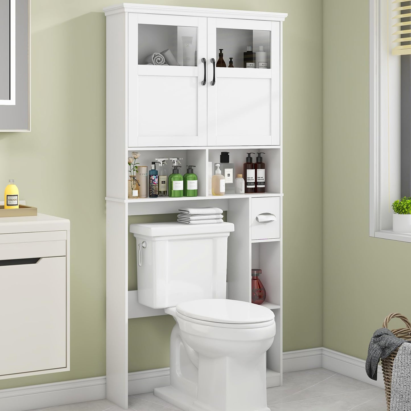 Vabches Freestanding Toilet Storage Cabinet with Double Doors, Shelf Space Saver, Anti-Tip Design & Adjustable Shelf, White