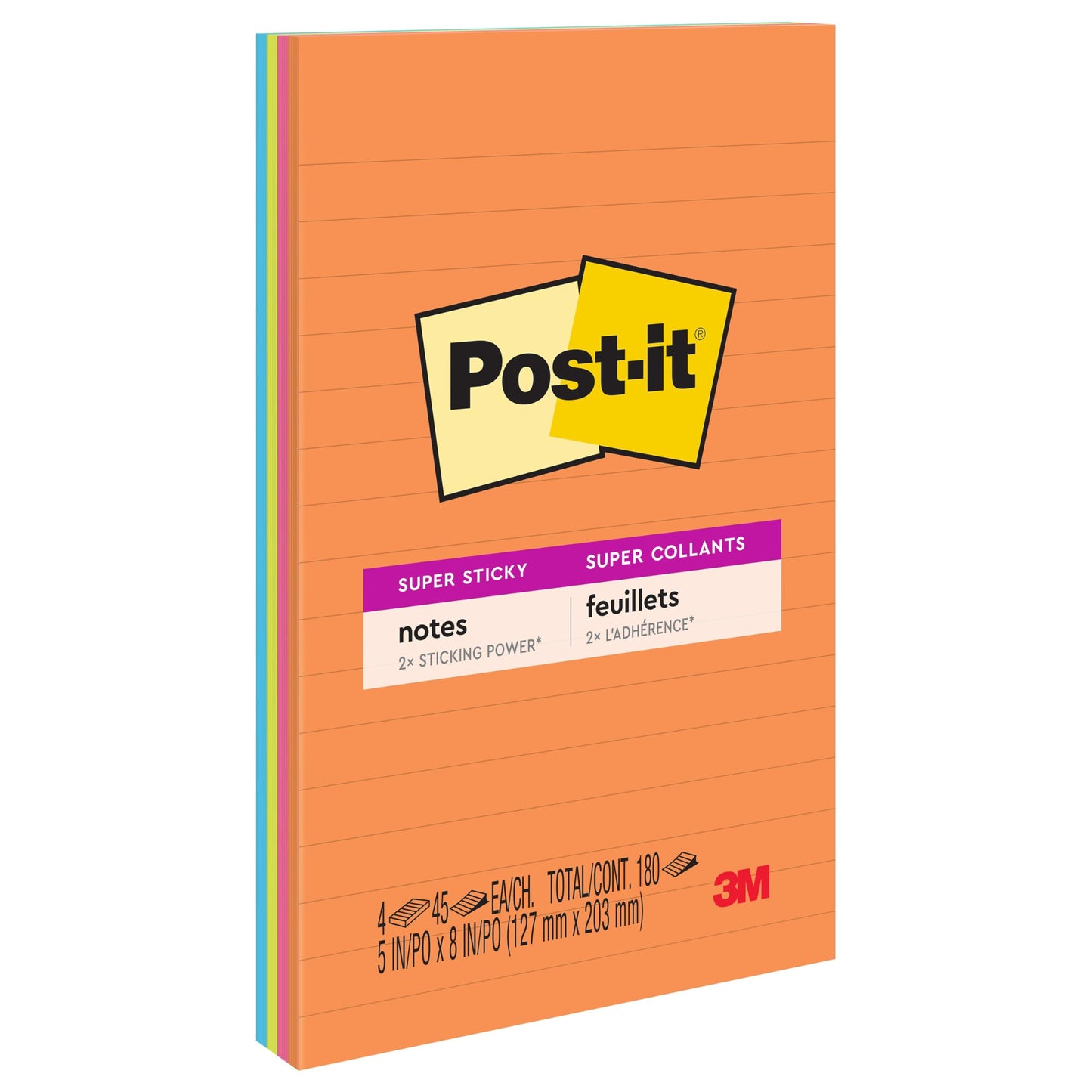Post-it Super Sticky Notes, 5-inch x 8-inch, Energy Boost Collection, Lined, 45 Sheet/Pad, 4 Pads/Pack (5845SSUC)