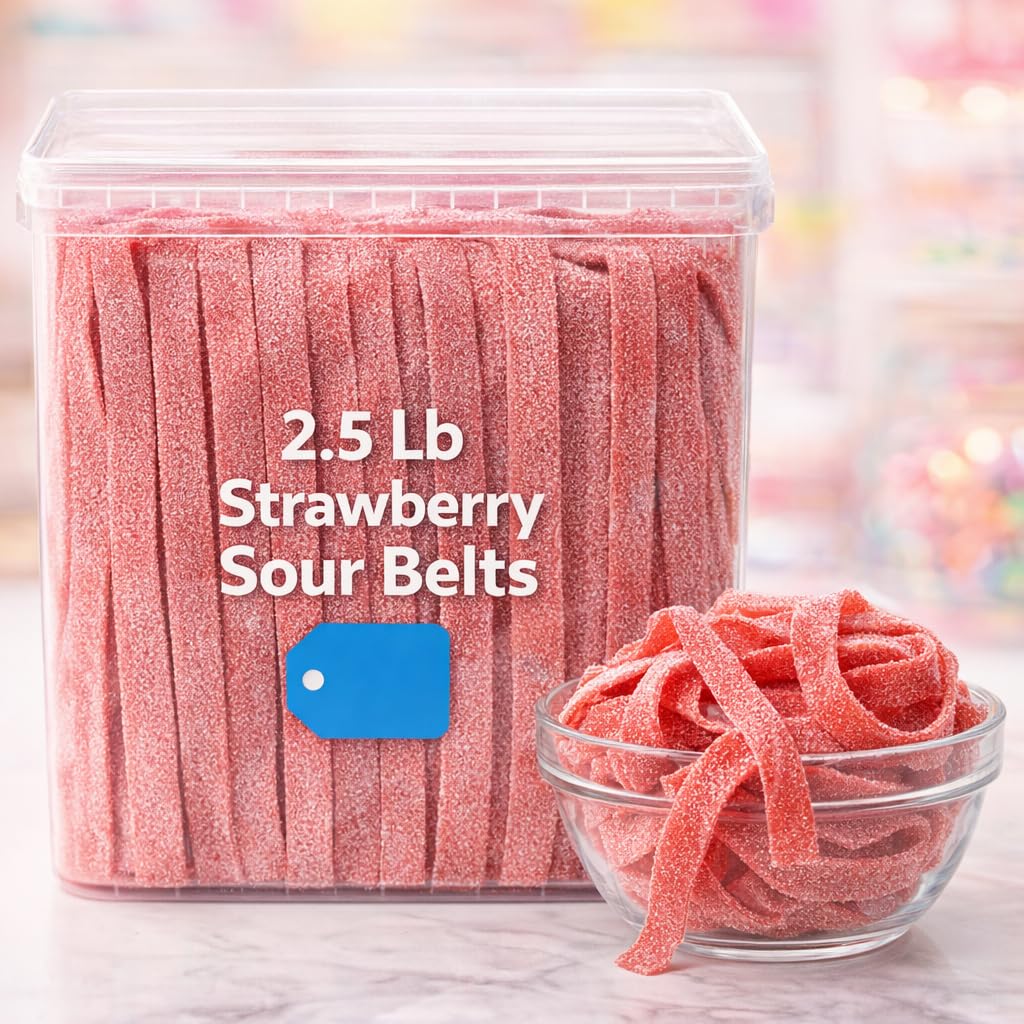 Sour Power Premium Strawberry Candy Belts – The Original Sour Candy Since 1985 – 2.5 lb Resealable Bulk Tub – Vegan, Non-GMO, Gelatin Free – Soft, Chewy, Sweet & Tart Retro Treats – Bubble-Wrapped & Boxed for Safe Shipping