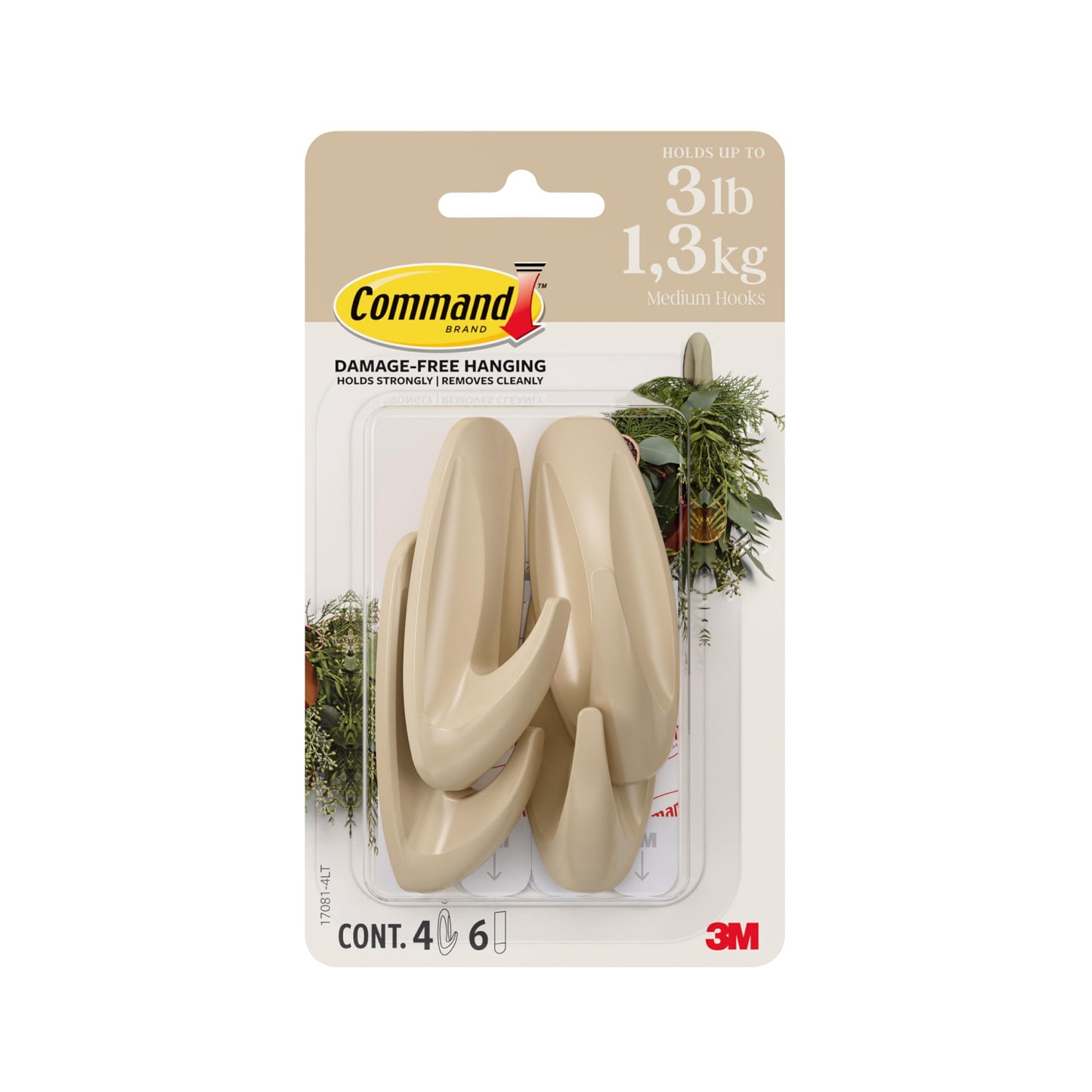 3M Command Medium Designer Hooks 4-Pack, Latte Brown