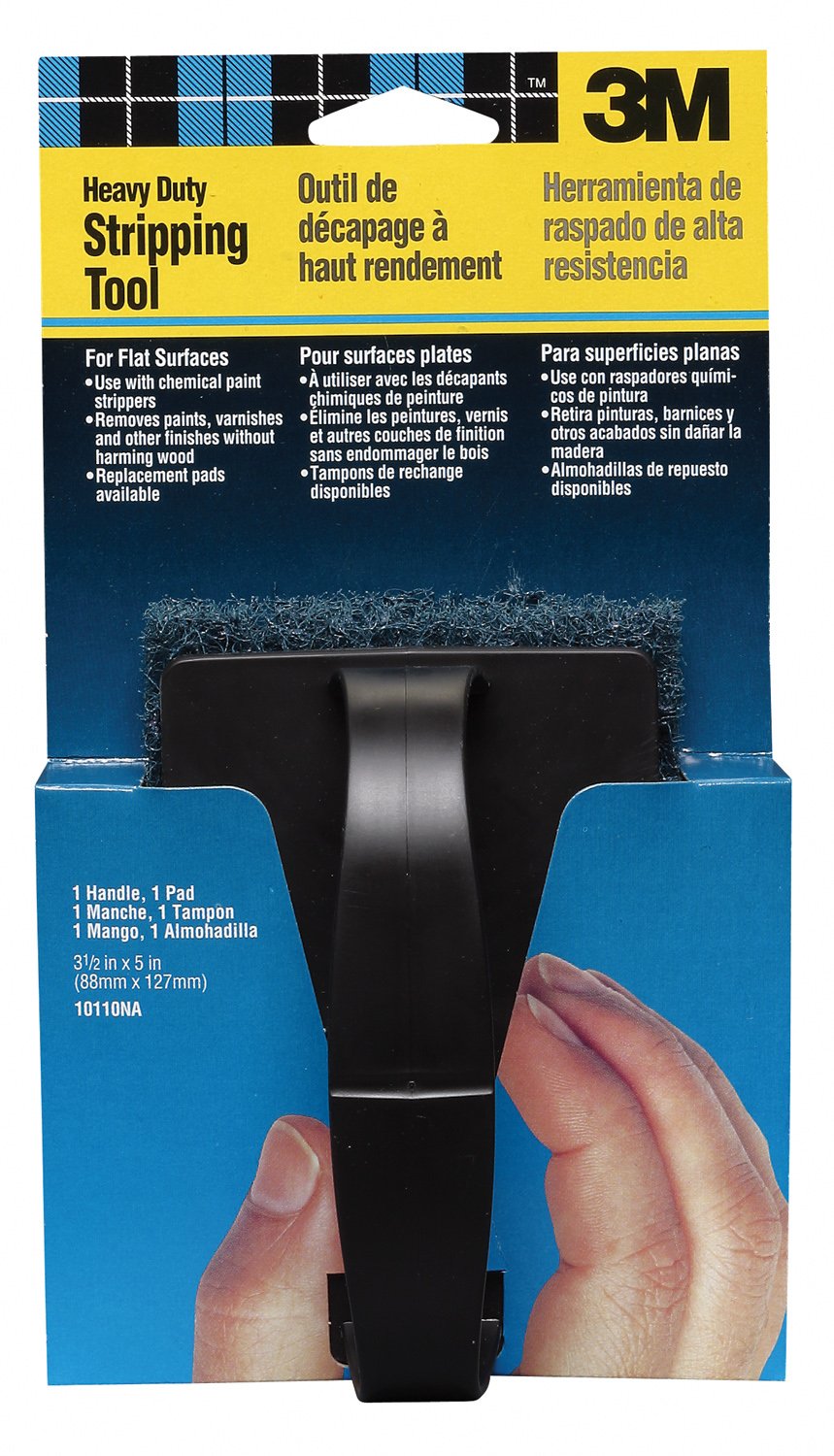 3M Heavy Duty Stripping Pad With Handle, 3-3/8 in x 5 in, Removes Paint, Varnish & Other Finishes, #3 Coarse, Synthetic Material Does Not Rust, Splinter Or Shred Like Steel Wool (10110NA)