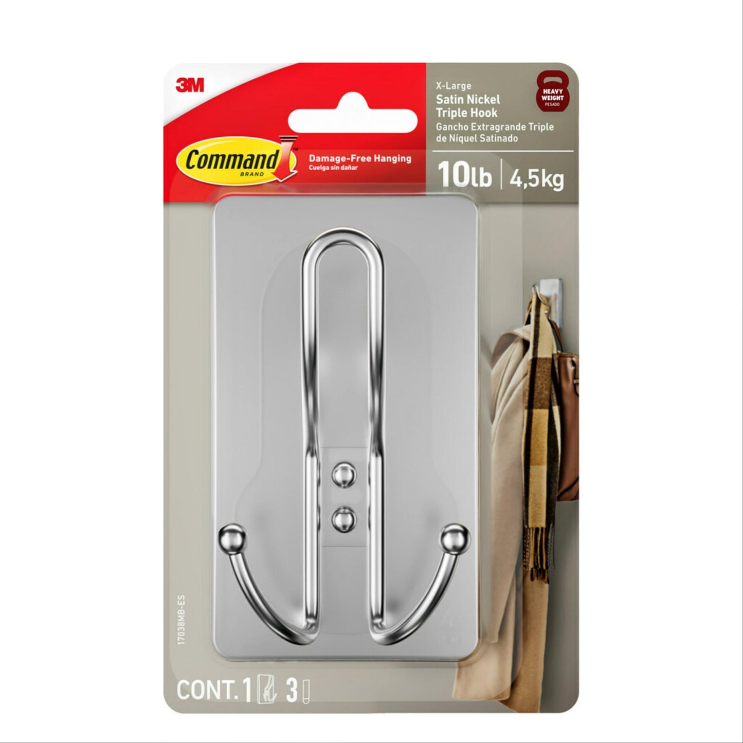 Command X-Large Satin Nickel Triple Hook, 1 Hook, 3 Strips, Damage-Free Hanging Wall Hooks with Adhesive Strips, No Tools Wall Hooks for Hanging Decorations in Living Spaces