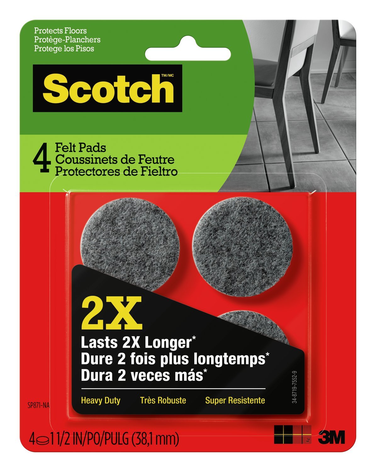 Scotch Heavy Duty Felt Pads, Round, Gray, 1.5-Inch Diameter, 4 Pads/Pack (SP871-NA)