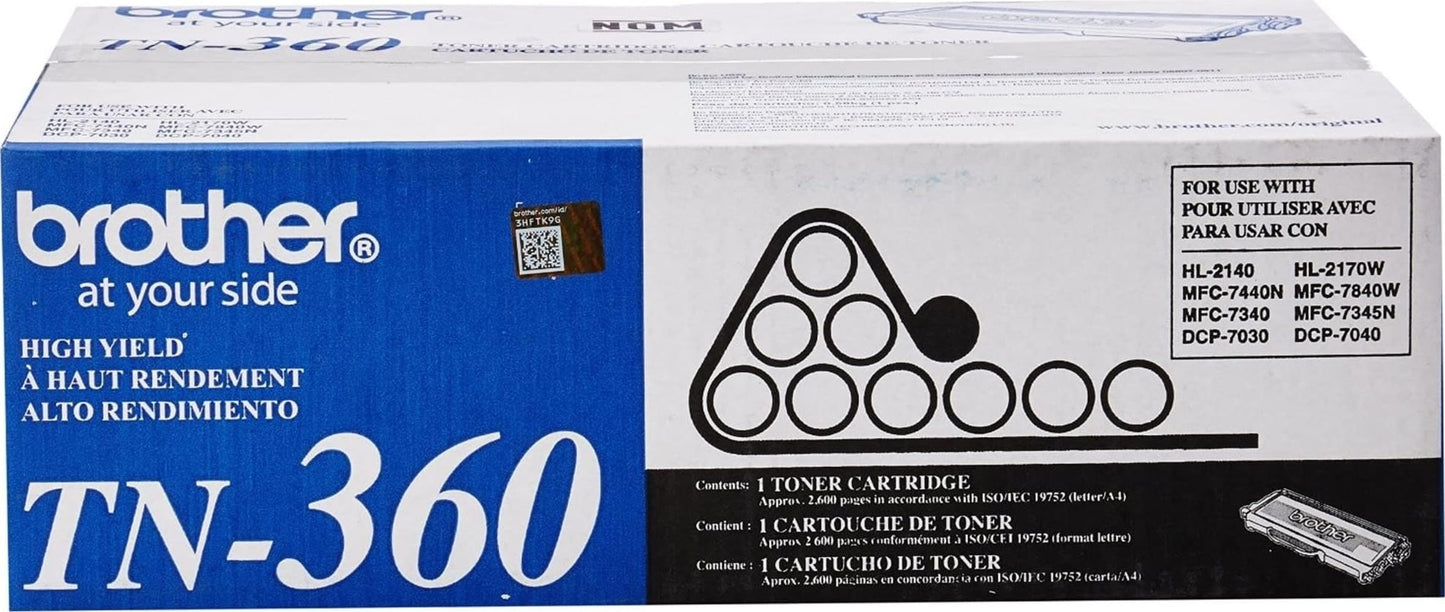 Brother Genuine TN360 2-Pack High Yield Black Toner Cartridge with approximately 2,600 page yield/cartridge