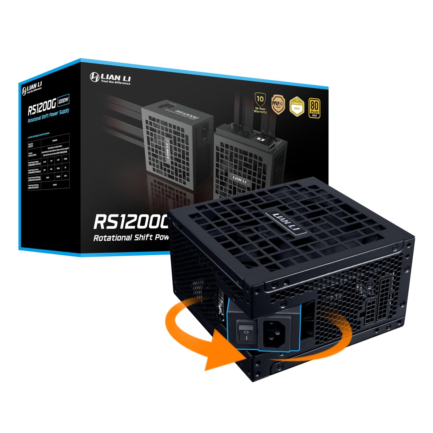Lian Li RS 1200W Rotational Shift Fully Modular ATX Power Supply (W/USB Fan Hub) 90° AC Inlet, Cybenetics Platinum, 80+ Gold, ATX 3.1, PCIe 5.1, 12V-2×6 Cable, 10 Year Warranty, Black (RS1200G.BH)
