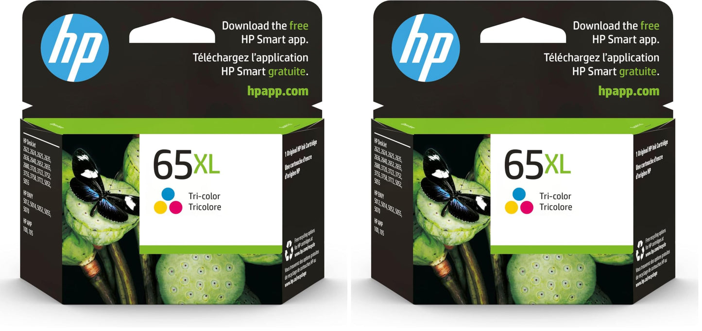 HP 65XL Tri-Color High-Yield Ink Cartridge | Works with AMP 100,DeskJet 2600,3700; Envy 5000 | Eligible for Instant Ink-| N9K03AN,(Pack of 2)