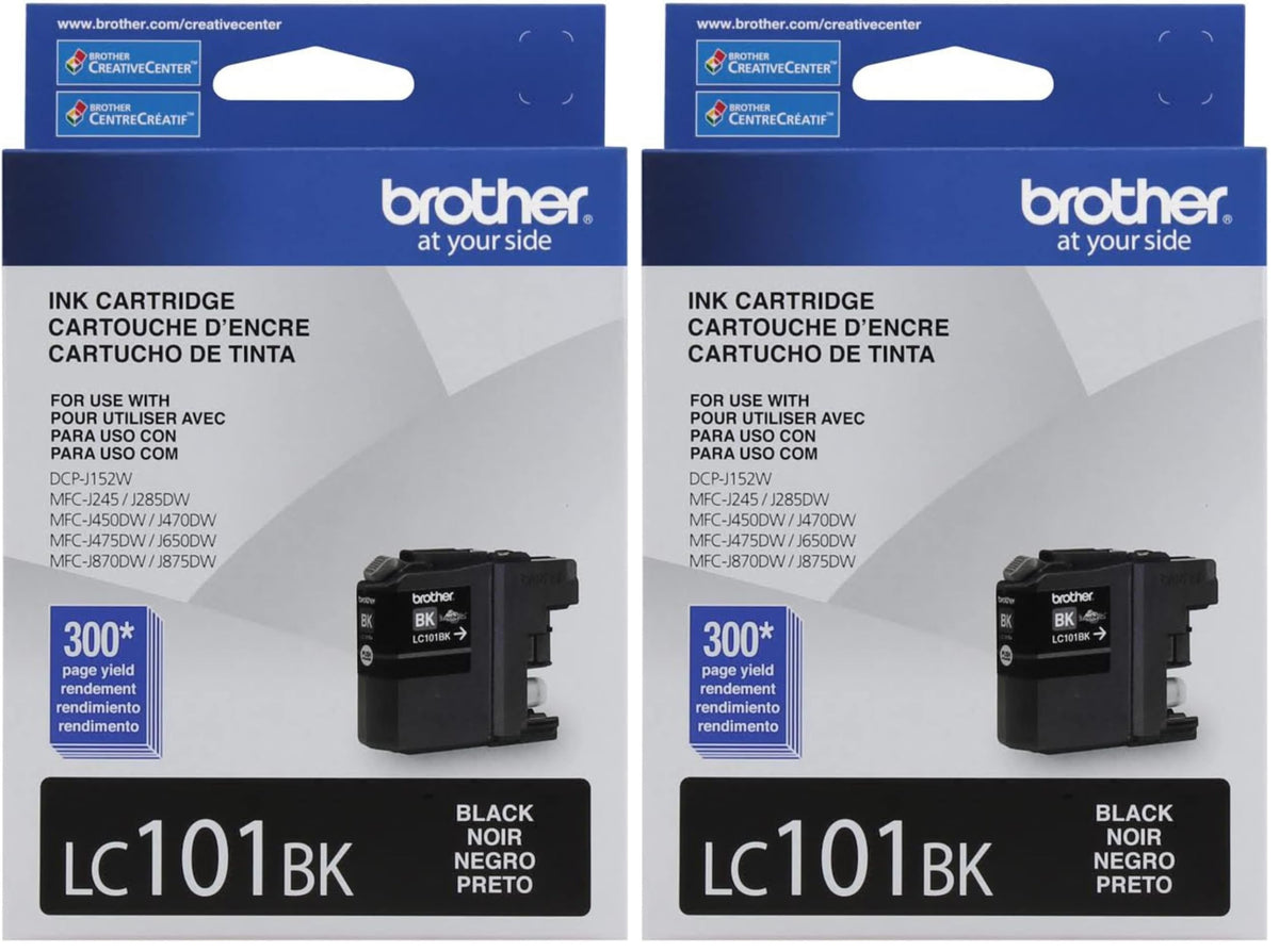 Brother Genuine Standard Yield Black Ink Cartridge, LC101BK, Replacement Black Ink, Page Yield Upto 300 Pages, LC101 (Pack of 2)