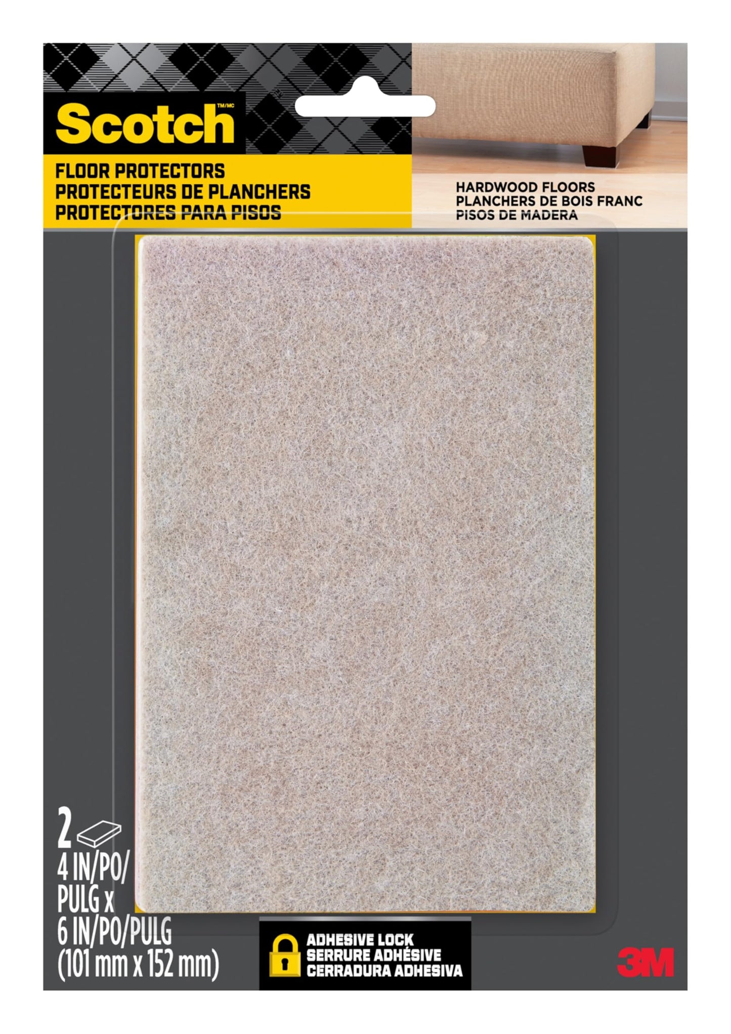 Scotch Felt Pads Beige, 2 Large Pads 4 x 6 in, Felt Furniture Pads for Protecting Hardwood Floors, Easy-to-Apply, Self-Stick Design, Reliable Protection from Nicks, dents and Scratches (SP845-NA)