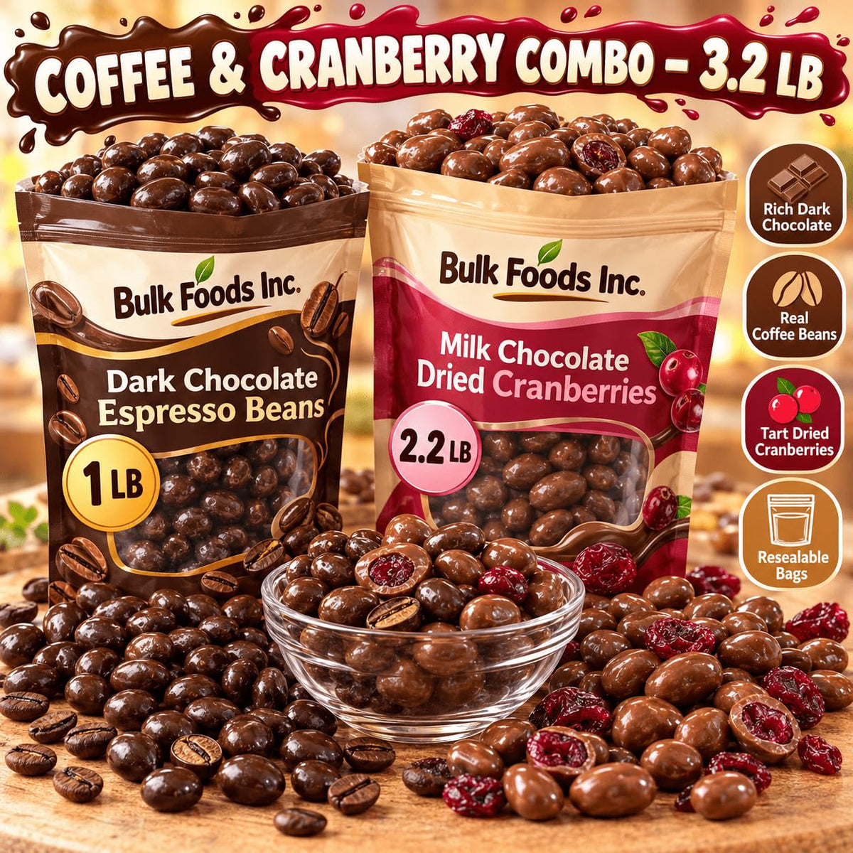 Dark Chocolate Covered Espresso Coffee Beans, 1 Lb Resealable Bag - & Cranberry Combo – Beans 1LB + Milk Dried Cranberries 2.2LB