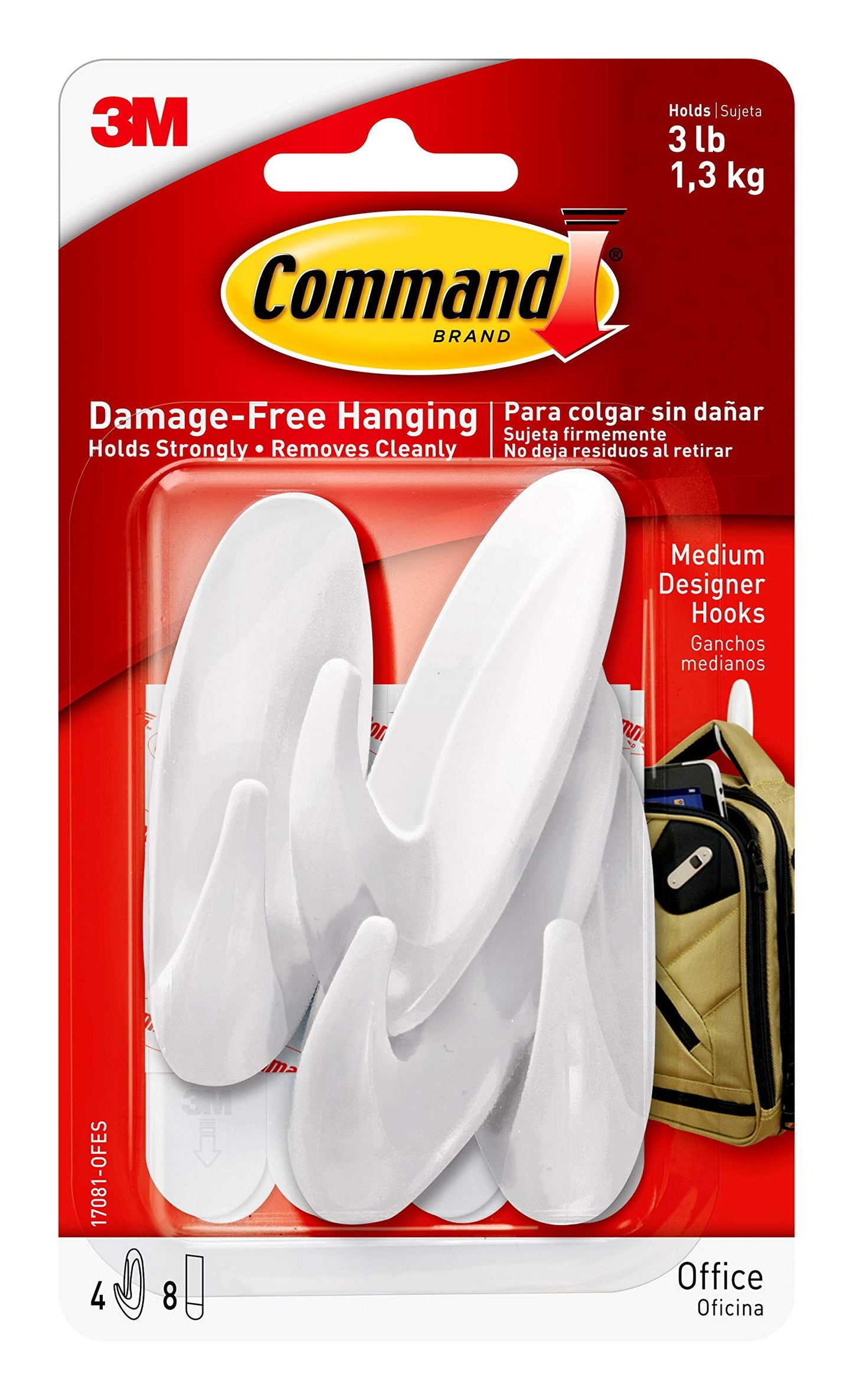 3M Command Medium Designer Hooks 4 Pack, White, 3 lbs