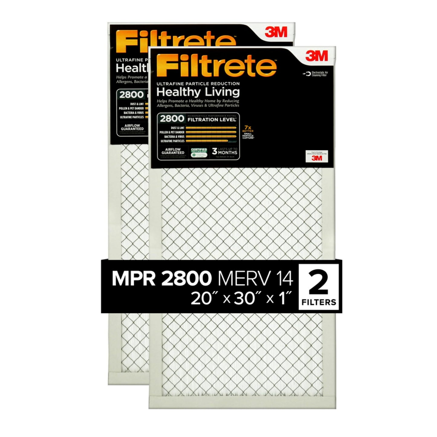 Filtrete 20x30x1 Air Filter, MPR 2800, MERV 14, Healthy Living Ultrafine Particle Reduction 3-Month Pleated 1-Inch Air Filters, 2 Filters